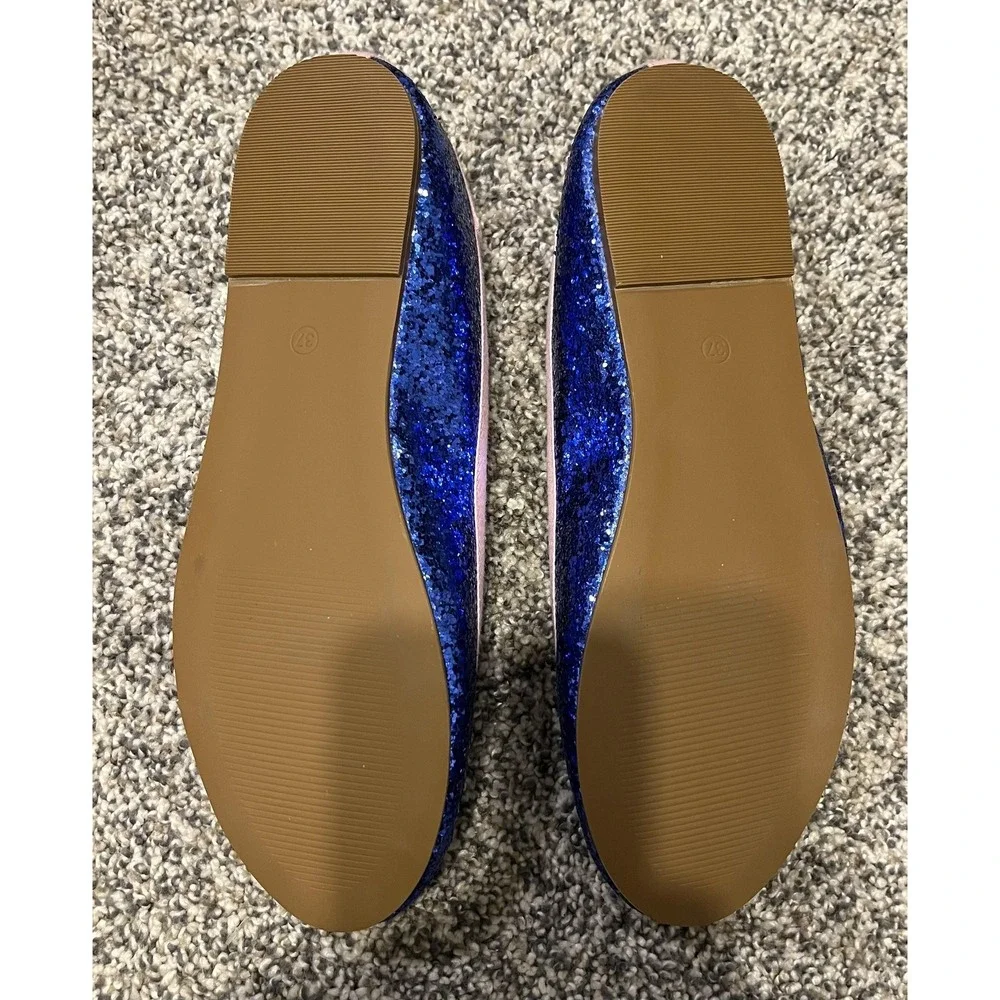 Mini Boden Shoes Girls Size 6.5 Blue Glitter Ballet Flats Pink‎ Trim Party